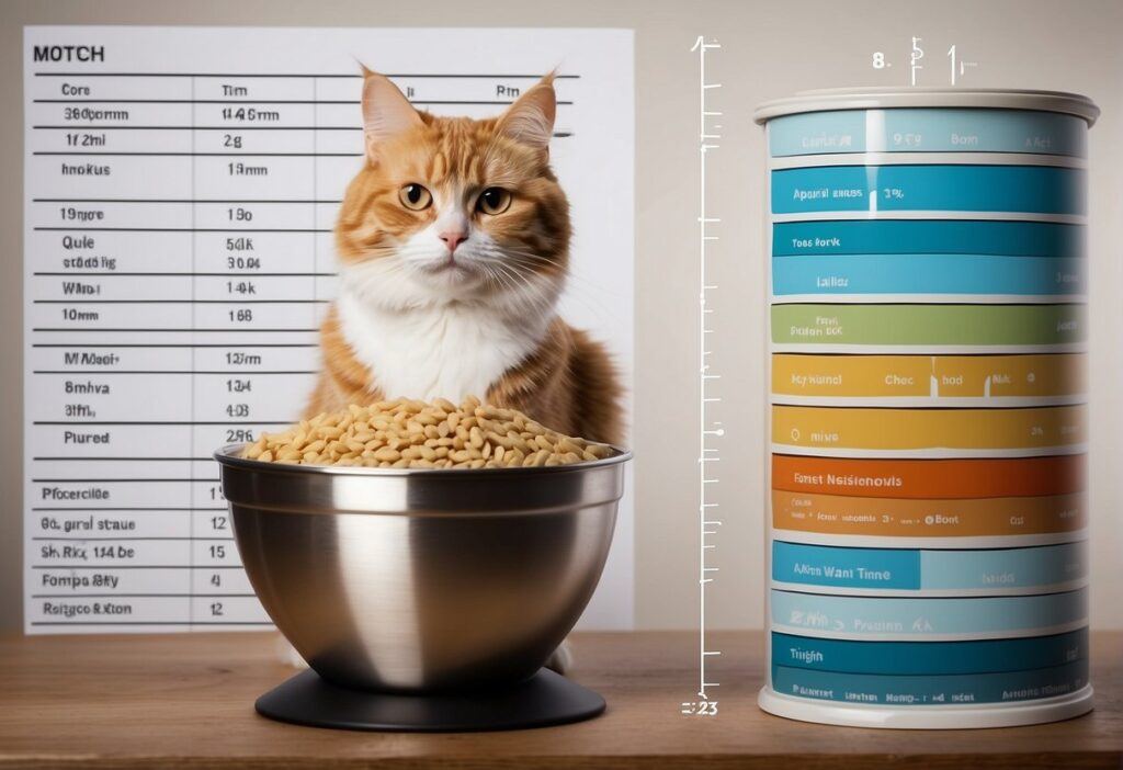 A cat's food bowl with measured portions of plain chicken and rice, alongside a water dish. A chart on the wall shows feeding times and portion sizes