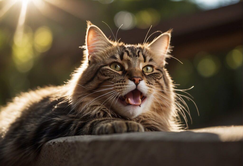 A cat lying in the shade, panting with a tongue out, while the sun beats down on a scorching hot day