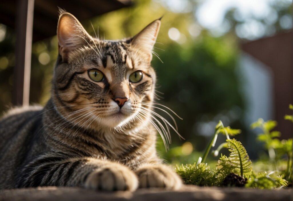 An indoor cat cautiously explores a backyard, eyeing the unfamiliar terrain and potential dangers. The cat's body language shows uncertainty and wariness as it navigates the outdoor environment