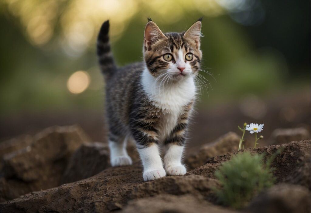 A lone kitten wanders, as adult cats observe and adjust behavior