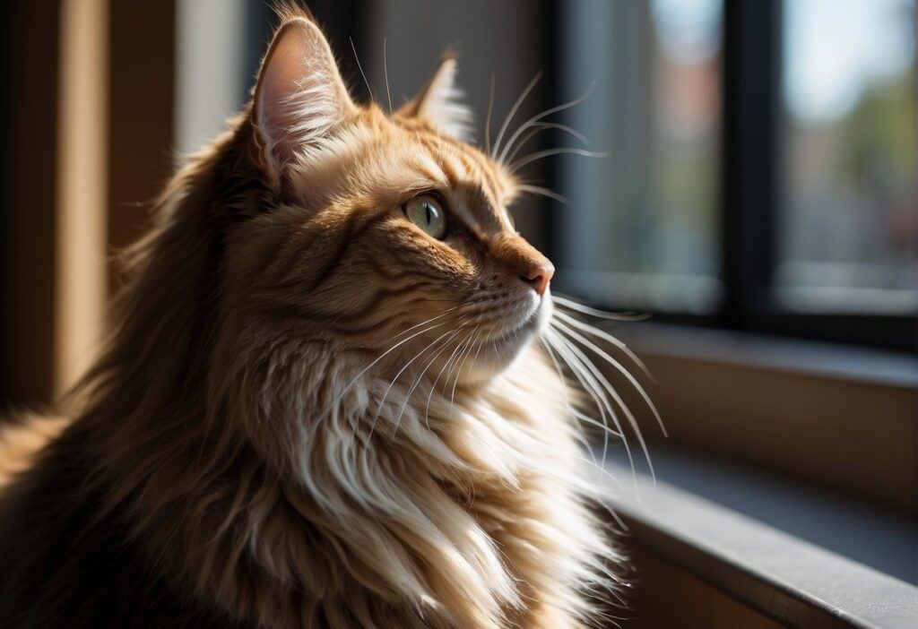 A long-haired cat sits beside a short-haired cat, showcasing the contrast in their fur. The long-haired cat's coat is flowing and voluminous, while the short-haired cat's fur is sleek and close to its body