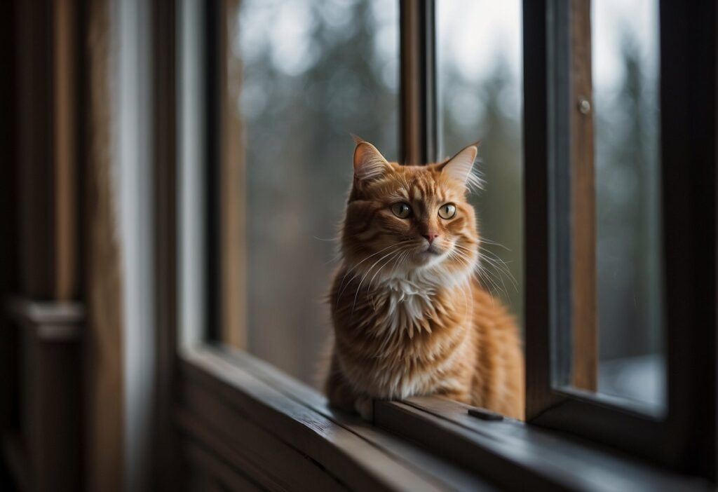 An indoor cat hesitates at the open door, peering outside with curiosity and uncertainty. The contrast of the cozy indoor setting and the vast, unknown outdoor world is evident