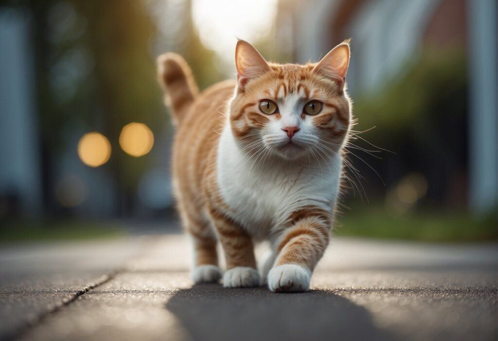 Orange and white cat walking down a pathed path outside