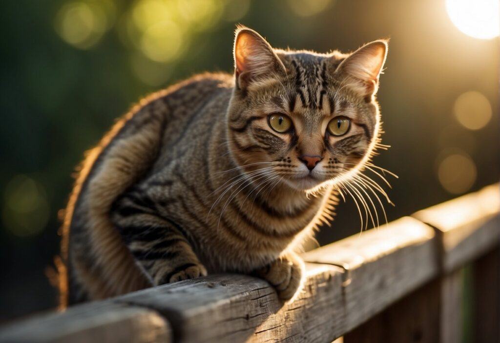 A sleek outdoor cat perches on a wooden fence, surveying the surrounding area with alert, golden eyes. The sun casts a warm glow on its fur, as it blends into the natural environment