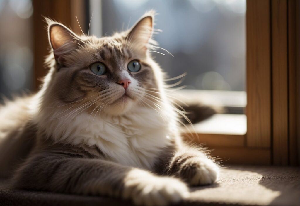 A playful ragdoll cat lounges in a sunny window, while a curious ragamuffin explores a cozy nook. Their contrasting personalities are evident in their relaxed and inquisitive poses