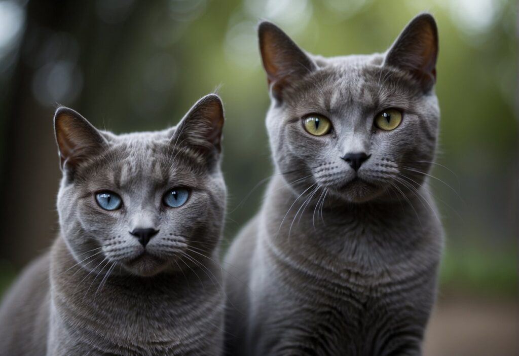 A Russian blue cat sits calmly, while a grey cat paces energetically nearby. Their contrasting personalities and temperaments are evident in their body language