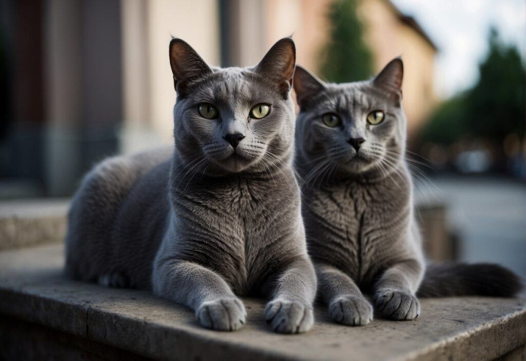 A Russian Blue cat sits regally next to a grey cat, both with sleek coats and bright eyes, possibly in a historical Russian setting