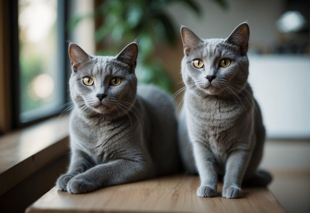 A Russian blue cat and a grey cat sit side by side, groom each other, and playfully chase each other around a cozy living room