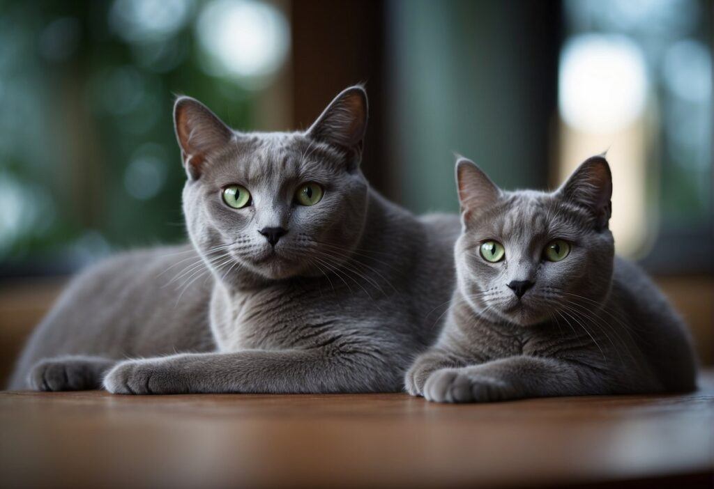 A sleek Russian Blue cat sits beside a fluffy grey cat, both with bright green eyes, one with a short, silver-blue coat and the other with a longer, soft grey fur