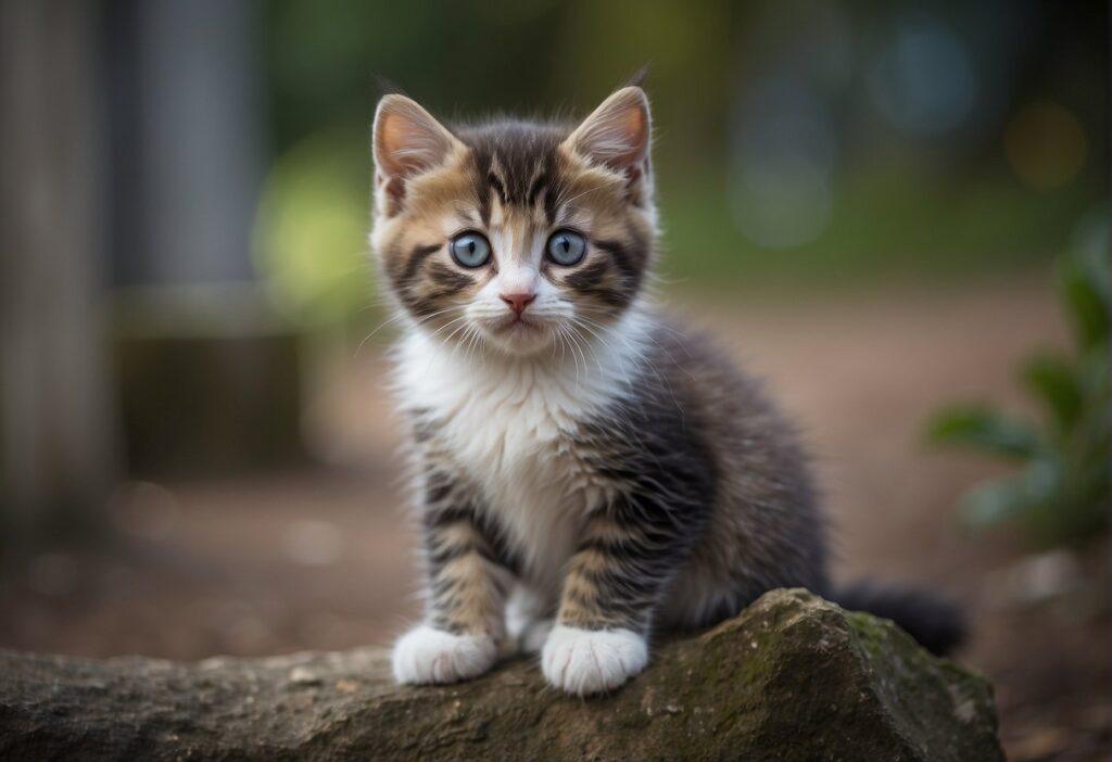 A single kitten sits alone, gazing curiously at its surroundings, with a sense of independence and curiosity in its eyes