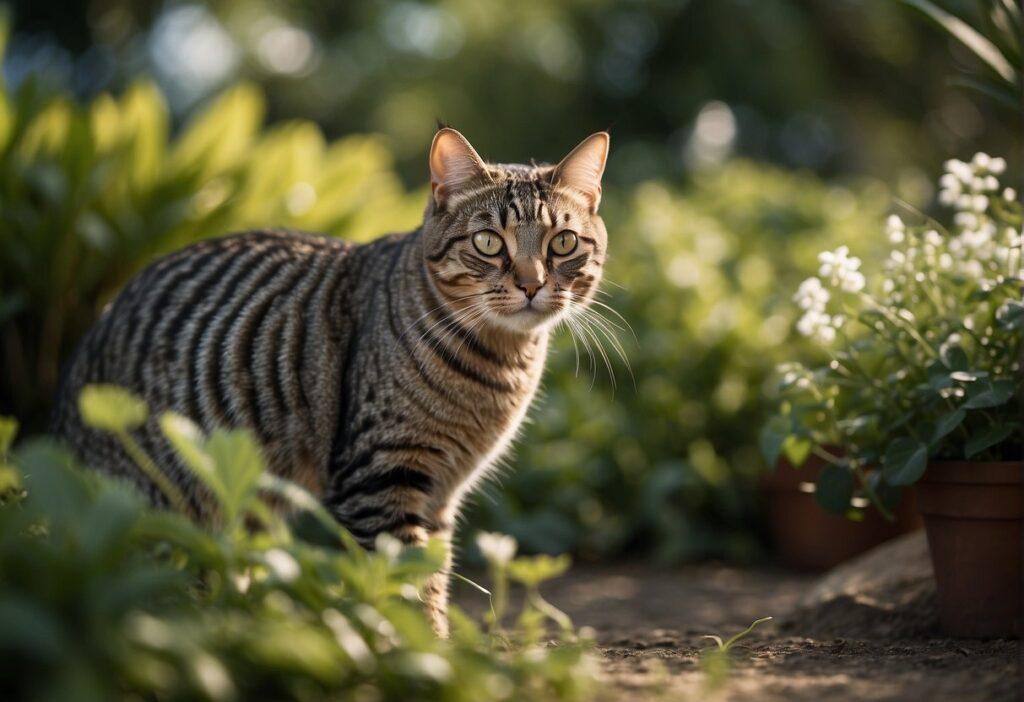 A tabby cat with a sleek coat and alert eyes prowls through a lush garden, its tail held high as it explores the outdoor terrain