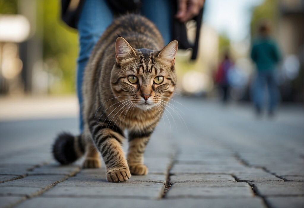 Cat crouching walking down a side walk