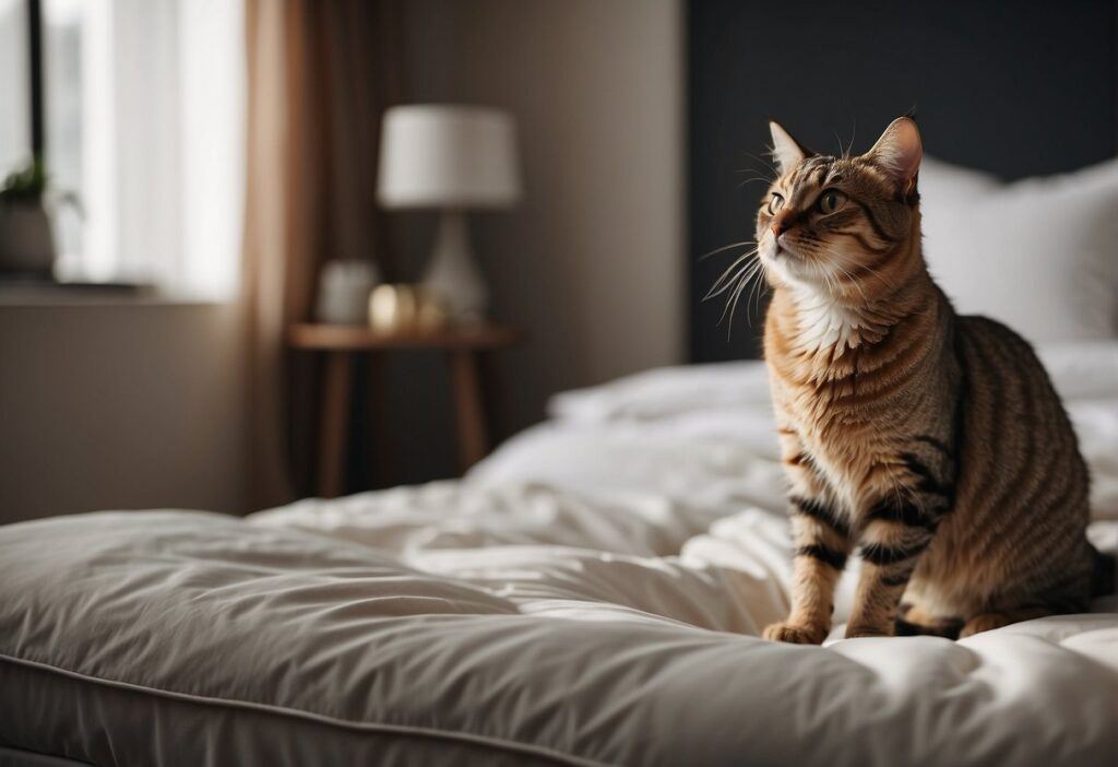 A cat standing on the edge of a bed, with a disapproving owner pointing to the floor