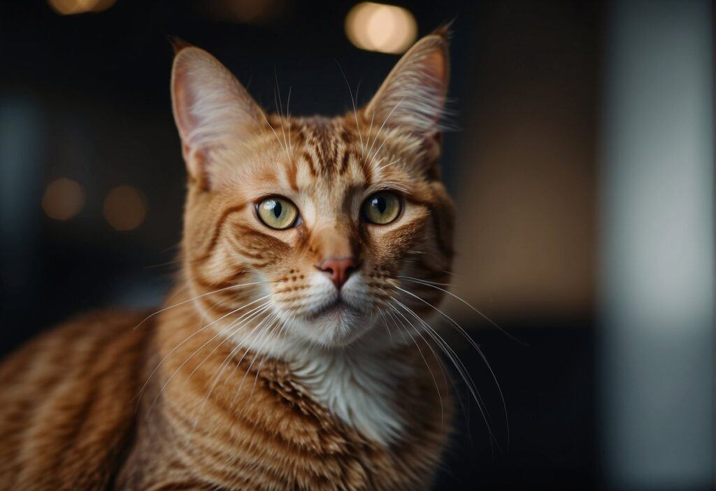 A cat's ears perk up as it listens intently, head tilted slightly to the side. Its eyes are focused and alert, and its body is still, showing signs of concentration