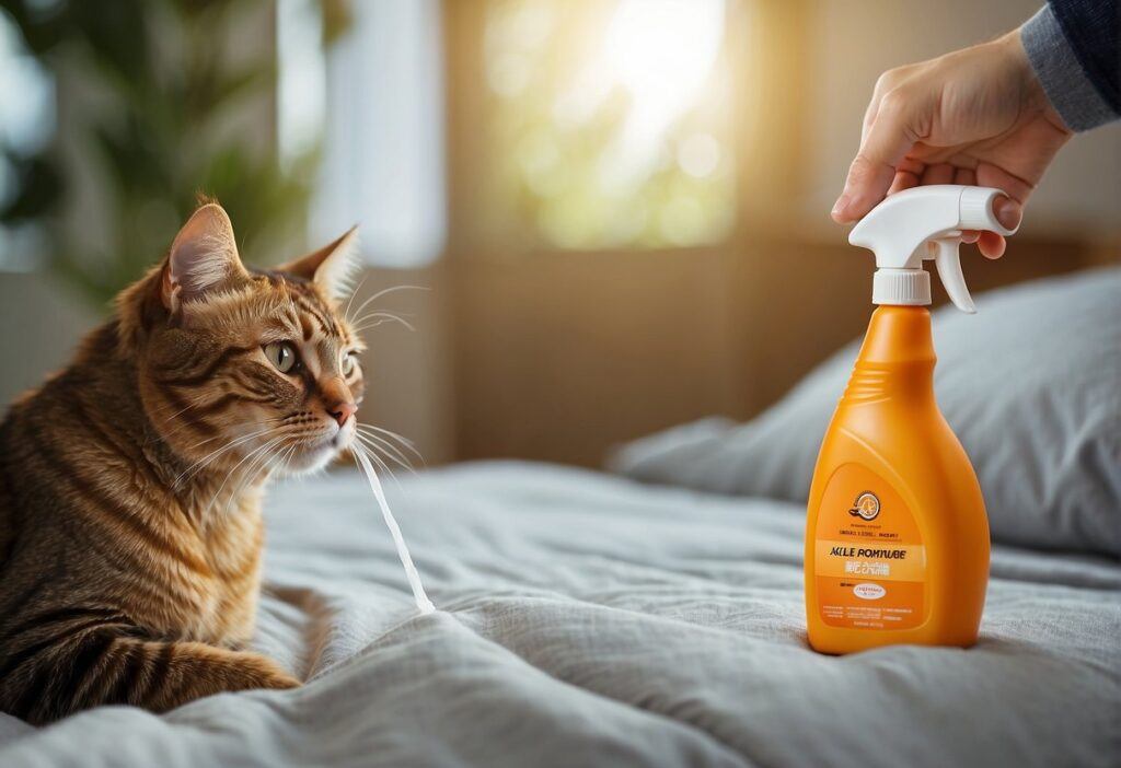 A cat repellent spray is being applied to the edges of the bed, while a motion-activated deterrent device is placed nearby