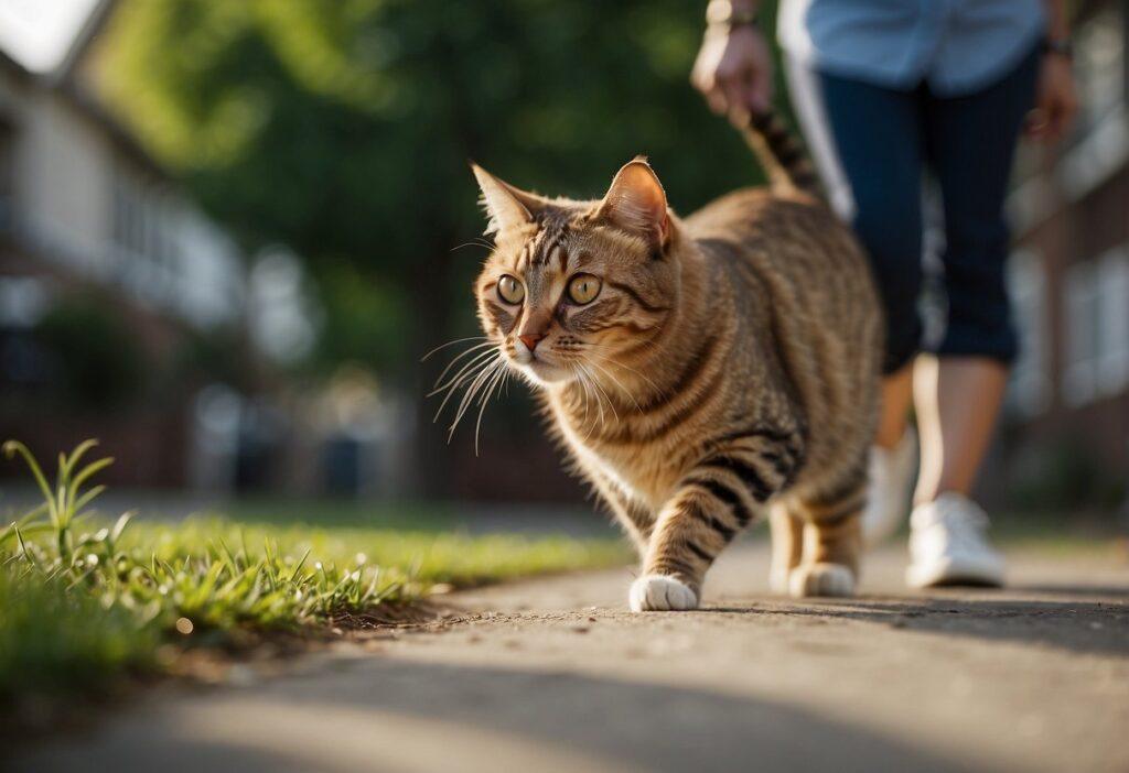 A cat taps the ground eagerly as a person walks past, looking up expectantly with bright eyes and a twitching tail