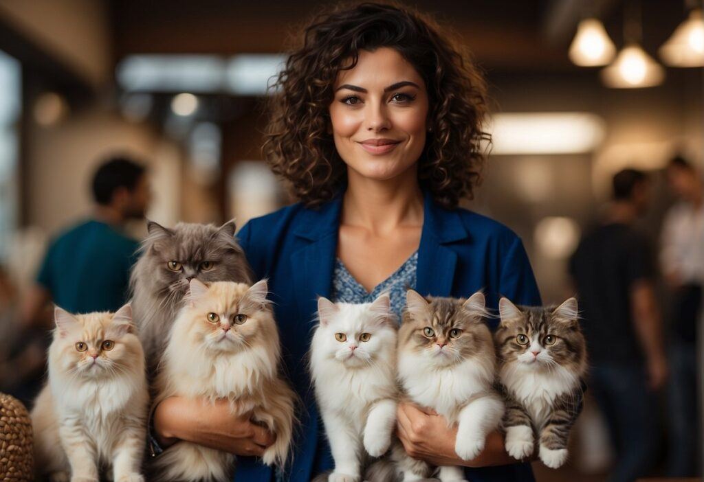 A Persian cat breeder holds a fluffy Persian cat, surrounded by various Persian cat breeds. 